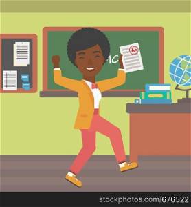 An african-american pupil holding a sheet with the highest mark on the background of classroom vector flat design illustration. Square layout.. Pupil received best mark.