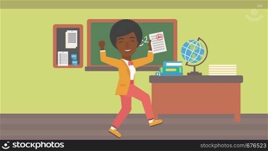 An african-american pupil holding a sheet with the highest mark on the background of classroom vector flat design illustration. Horizontal layout.. Pupil received best mark.