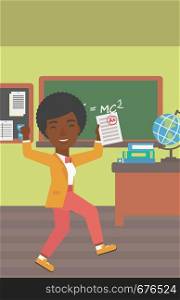 An african-american pupil holding a sheet with the highest mark on the background of classroom vector flat design illustration. Vertical layout.. Pupil received best mark.
