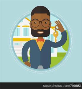 An african-american real estate agent holding key. Real estate agent showing keys in front of house. Happy new owner of a house. Vector flat design illustration in the circle isolated on background.. Real estate agent with key vector illustration.