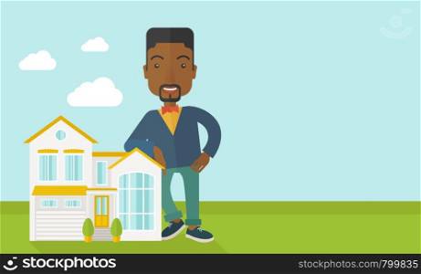 An african-american real estate agent standing and offering the house vector flat design illustration. Horizontal layout with a text space.. Real estate agent.