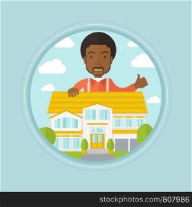 An african-american real estate agent standing behind the house and giving thumb up. Male real estate agent offering the house. Vector flat design illustration in the circle isolated on background.. Real estate agent giving thumb up.