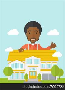 An african-american real estate agent standing behind the house with thumbs up vector flat design illustration. Vertical layout with a text space.. Real estate agent.