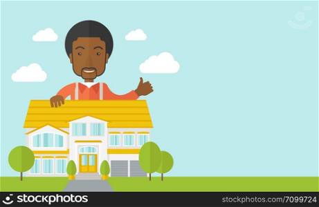 An african-american real estate agent standing behind the house with thumbs up vector flat design illustration. Horizontal layout with a text space.. Real estate agent.