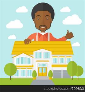 An african-american real estate agent standing behind the house with thumbs up vector flat design illustration. Square layout.. Real estate agent.
