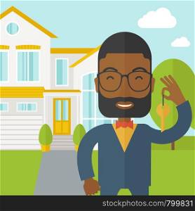 An african-american real estate agent with beard and glasses holding key on house background vector flat design illustration. Square layout.. Real estate agent.