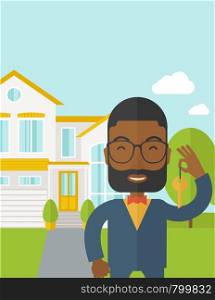 An african-american real estate agent with beard and glasses holding key on house background vector flat design illustration. Vertical layout with a text space.. Real estate agent.