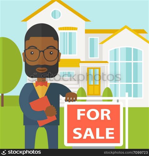 An african-american real estate agent with beard and glasses holding the document and placard for sale on house background vector flat design illustration. Square layout.. Real estate agent.