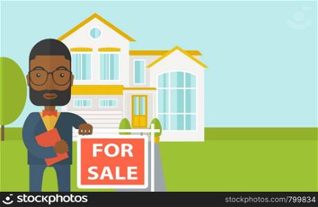 An african-american real estate agent with beard and glasses holding the document and placard for sale on house background vector flat design illustration. Horizontal layout with a text space.. Real estate agent.