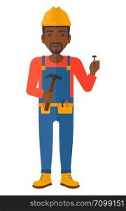 An african-american repairman in helmet with a hummer and a nail in hands vector flat design illustration isolated on white background. . Cheerful repairman engineer.