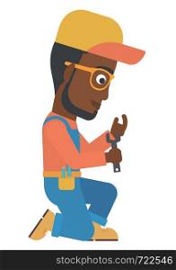 An african-american repairman sitting with a spanner in hand vector flat design illustration isolated on white background. . Repairman holding spanner.