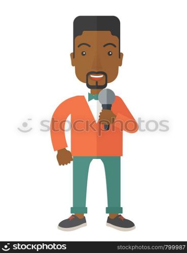 An african-american reporter speaking into a microphone vector flat design illustration isolated on white background. Vertical layout.. Reporter.