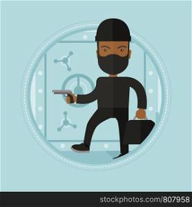 An african-american robber in black costume and mask with hand gun standing near bank safe door. Robber stealing money in bank. Vector flat design illustration in the circle isolated on background.. Burglar with gun near safe vector illustration.