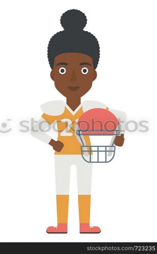 An african-american rugby player standing with ball and helmet in hands vector flat design illustration isolated on white background.. Rugby player with ball and helmet in hands.