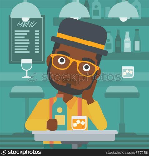 An african-american sad man sitting at the table with a bottle and a glass at the bar vector flat design illustration. Square layout.. Sad man with bottle and glass.