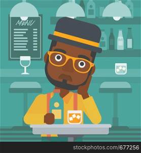 An african-american sad man sitting at the table with a bottle and a glass at the bar vector flat design illustration. Square layout.. Sad man with bottle and glass.