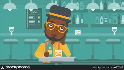 An african-american sad man sitting at the table with a bottle and a glass at the bar vector flat design illustration. Horizontal layout.. Sad man with bottle and glass.