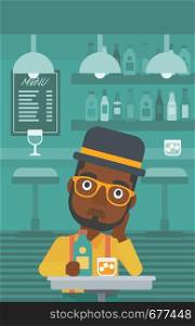 An african-american sad man sitting at the table with a bottle and a glass at the bar vector flat design illustration. Vertical layout.. Sad man with bottle and glass.
