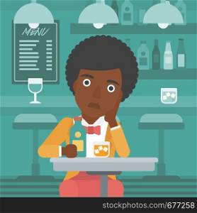 An african-american sad woman sitting at the table with a bottle and a glass at the bar vector flat design illustration. Square layout.. Sad woman with bottle and glass.