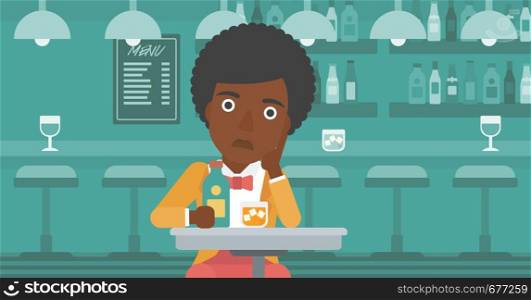 An african-american sad woman sitting at the table with a bottle and a glass at the bar vector flat design illustration. Horizontal layout.. Sad woman with bottle and glass.
