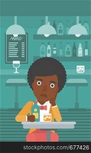 An african-american sad woman sitting at the table with a bottle and a glass at the bar vector flat design illustration. Vertical layout.. Sad woman with bottle and glass.