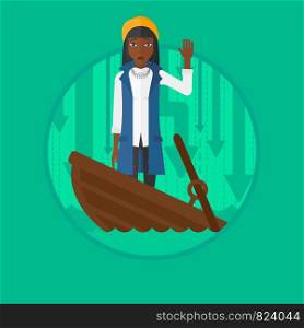 An african-american scared business woman standing in a sinking boat. Business woman asking for help. Business bankruptcy concept. Vector flat design illustration in the circle isolated on background.. Business woman standing in sinking boat.