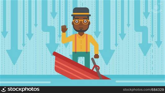 An african-american scared businessman standing in a sinking boat and asking for help. Concept of business bankruptcy. Vector flat design illustration. Horizontal layout.. Businessman standing in sinking boat.
