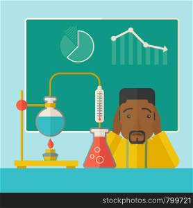 An african-american science teacher with scared facial expression works on mixing chemicals for an experiment in the laboratory. A Contemporary style with pastel palette, soft green tinted background. Vector flat design illustration. Square layout.. African-american science teacher in laboratory.