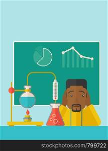 An african-american science teacher with scared facial expression works on mixing chemicals for an experiment in the laboratory. A Contemporary style with pastel palette, soft green tinted background. Vector flat design illustration. Vertical layout with text space on top part.. African-american science teacher in laboratory.