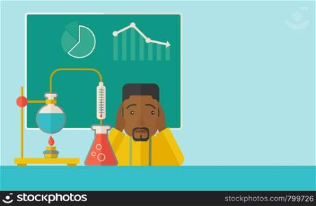 An african-american science teacher with scared facial expression works on mixing chemicals for an experiment in the laboratory. A Contemporary style with pastel palette, soft green tinted background. Vector flat design illustration. Horizontal layout with text space in right side.. African-american science teacher in laboratory.