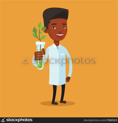 An african-american scientist holding test tube with young sprout. Man analyzing sprout in test tube. Laboratory assistant showing test tube with sprout. Vector flat design illustration. Square layout. Scientist with test tube vector illustration.