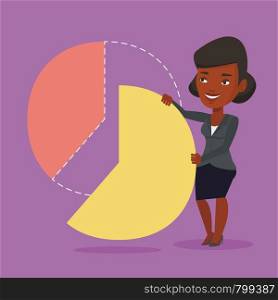 An african-american shareholder taking her share of financial pie chart. Young shareholder getting her share of profit. Business woman sharing profit. Vector flat design illustration. Square layout.. Business woman taking his share of the profits.