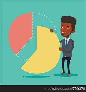 An african-american shareholder taking his share of financial pie chart. Young shareholder getting his share of profit. Businessman sharing profit. Vector flat design illustration. Square layout.. Businessman taking his share of the profits.
