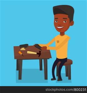 An african-american shoemaker working with a shoe in workshop. Shoemaker repairing a shoe in workshop. Young shoemaker making handmade shoes in workshop. Vector flat design illustration. Square layout. Shoemaker making handmade shoes in workshop.