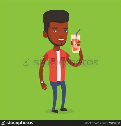 An african-american smiling man holding cocktail glass with drinking straw. Joyful man drinking a cocktail. Young happy man celebrating with a cocktail. Vector flat design illustration. Square layout.. Man drinking cocktail vector illustration.