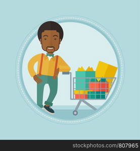 An african-american smiling man leaning on supermarket trolley full of gift boxes. Happy adult man buying gifts for christmas. Vector flat design illustration in the circle isolated on background.. Customer with shopping trolley full of gift boxes.