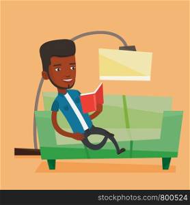 An african-american smiling man reading a book on a sofa. Man relaxing with a book on the couch at home. Man sitting on a sofa and reading a book. Vector flat design illustration. Square layout.. Man reading book on sofa vector illustration.