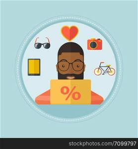 An african-american smiling man using laptop for online shopping. Cheerful man shopping online at home. Man buying on internet. Vector flat design illustration in the circle isolated on background.. Man shopping online using his laptop.