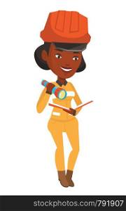 An african-american smiling miner checking documents with the flashlight. Female mine worker in hard hat. Mine worker at work. Vector flat design illustration isolated on white background.. Miner checking documents vector illustration.