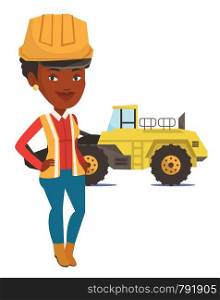 An african-american smiling miner in hard hat standing on the background of a big excavator. Confident miner standing with crossed arms. Vector flat design illustration isolated on white background.. Adult confident miner vector illustration.
