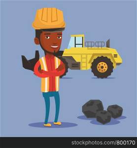 An african-american smiling miner in hard hat standing on the background of a big excavator. Confident miner with crossed arms standing near coal. Vector flat design illustration. Square layout.. Miner with a big excavator on background.