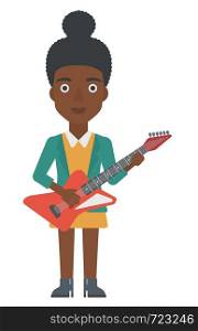 An african-american smiling musician playing electric guitar vector flat design illustration isolated on white background.. Musician playing electric guitar.