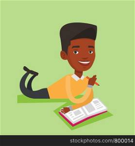 An african-american smiling student laying on the floor and reading a book. Student laying with a notebook. Student writing while laying on the floor. Vector flat design illustration. Square layout.. Student laying on the floor and reading book.