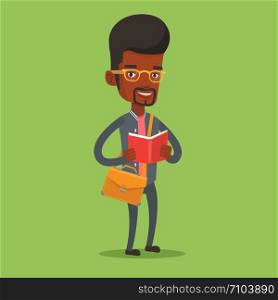 An african-american smiling student reading a book. Cheerful male student reading a book and preparing for exam. Student standing with book in hands. Vector flat design illustration. Square layout.. Student reading book vector illustration.