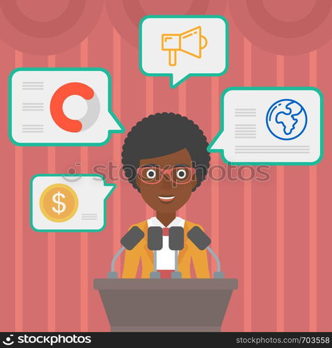 An african-american speaker standing on a podium with microphones at business conference. Woman giving speech at podium and speech squares around her. Vector flat design illustration. Square layout.. Female speaker on the podium vector illustration.