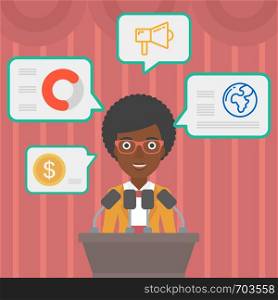 An african-american speaker standing on a podium with microphones at business conference. Woman giving speech at podium and speech squares around her. Vector flat design illustration. Square layout.. Female speaker on the podium vector illustration.
