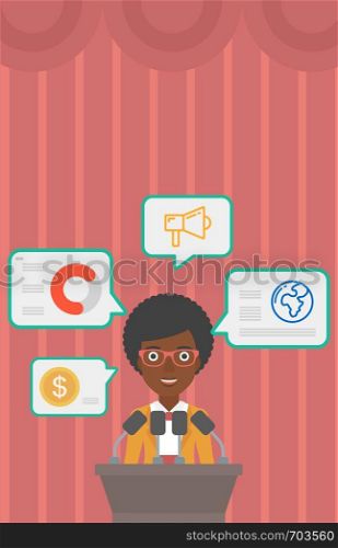 An african-american speaker standing on a podium with microphones at business conference. Woman giving speech at podium and speech squares around her. Vector flat design illustration. Vertical layout.. Female speaker on the podium vector illustration.