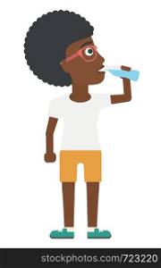 An african-american sportive woman drinking water vector flat design illustration isolated on white background.. Woman drinking water.