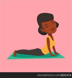 An african-american sportswoman practicing yoga upward dog pose. Sportswoman meditating in yoga upward dog position. Sporty woman doing yoga on the mat. Vector flat design illustration. Square layout.. Woman practicing yoga upward dog pose.