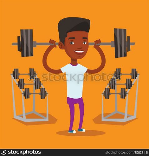 An african-american sporty man lifting a heavy weight barbell. Strong sportsman doing exercise with barbell. Weightlifter holding a barbell in the gym. Vector flat design illustration. Square layout.. Man lifting barbell vector illustration.